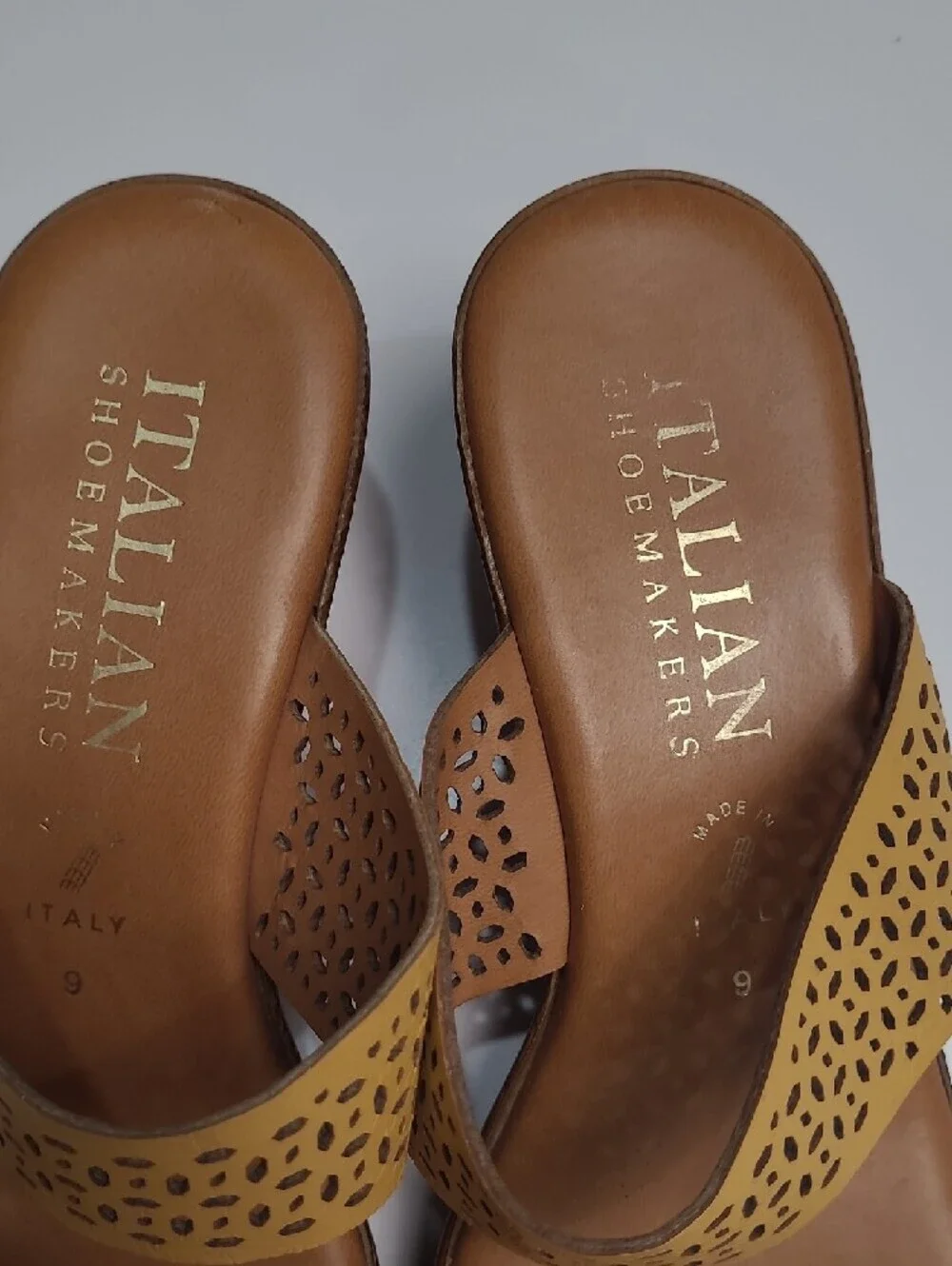 Italian Shoemaker Mustard Yellow Laser-Cut Perforated Slide Sandals - Size 9